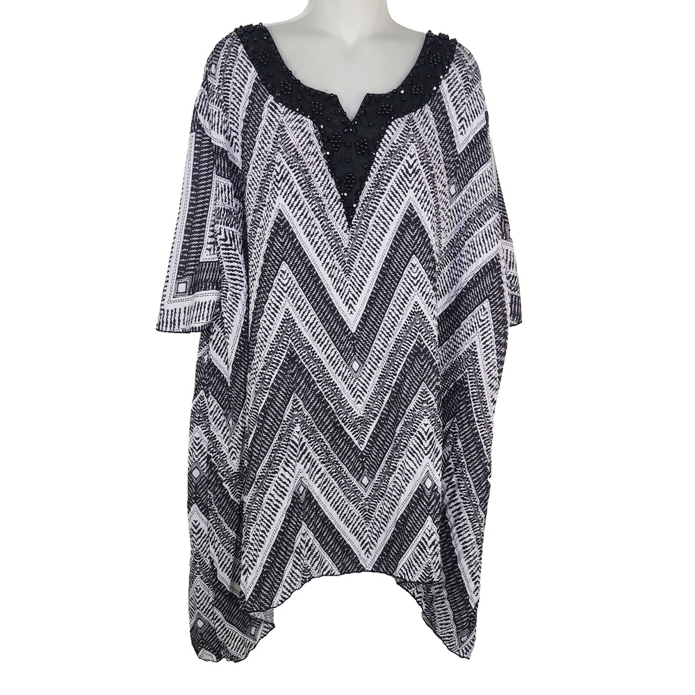 Catherines Top Women Size 4X Blouse V Neck Beaded Chevron Shark Bite Hem Crinkle